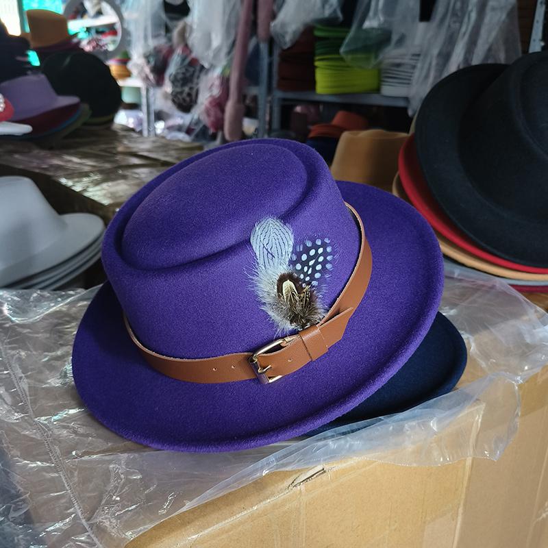 Vintage Pork Pie Hat Men feather fedora hat Webbing Decorative flip-brim Felt hats Panama Gentlemen women Church Jazz Hat