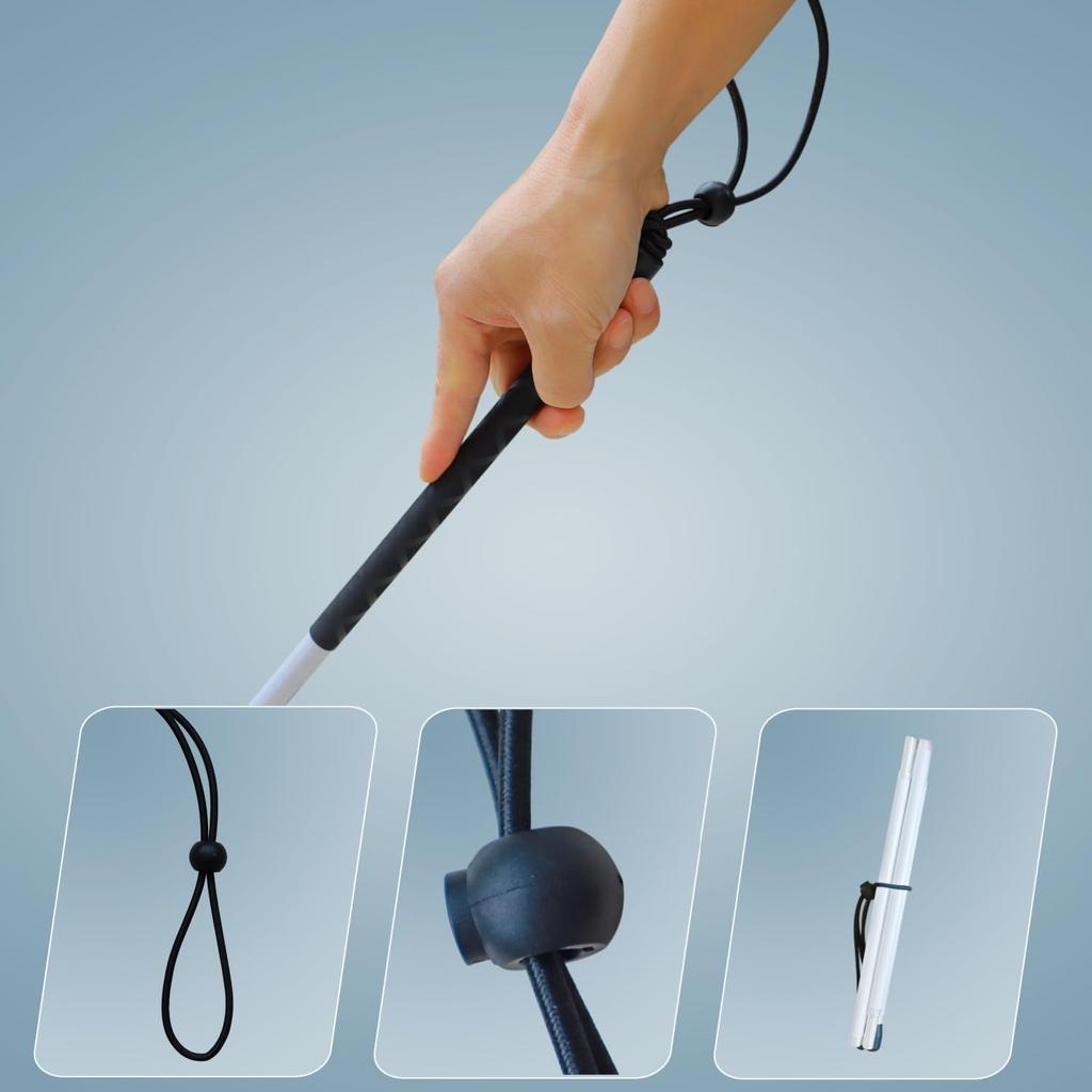 Aluminum Four-Section Folding White Cane with Two Tips for the Visually Impaired and Blind (Black Grip, 130 cm)