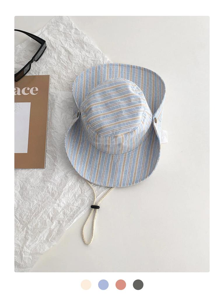 Stripesd Fisherman Hat Women's Summer New Large Brim Lanyard Sun Hat Outdoor Camping Style Hiking Mountaineering Hat Bucket Hat