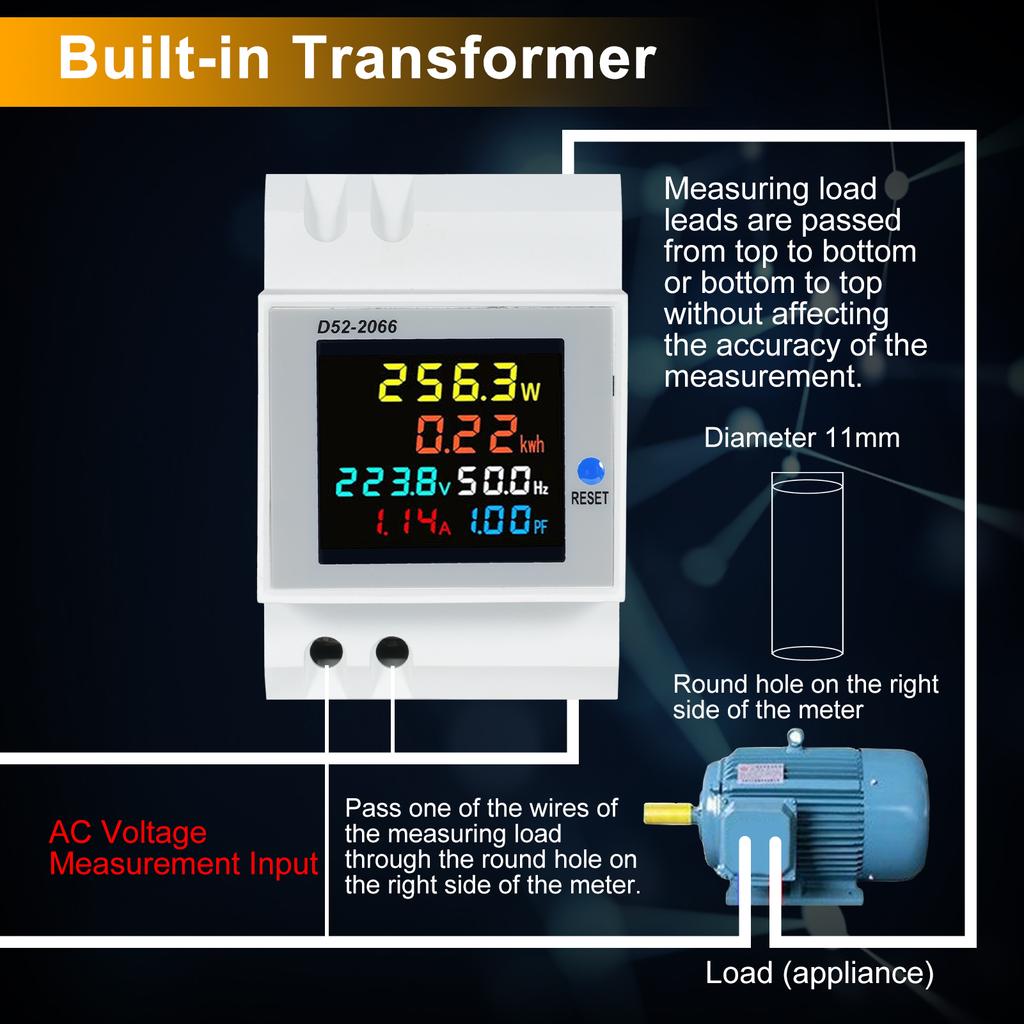6 in 1 Digital Single Phase Energy Meter Tester Din Rail AC Monitor Voltage Current Power Factor Active KWH 100A Electricity Usage Monitor