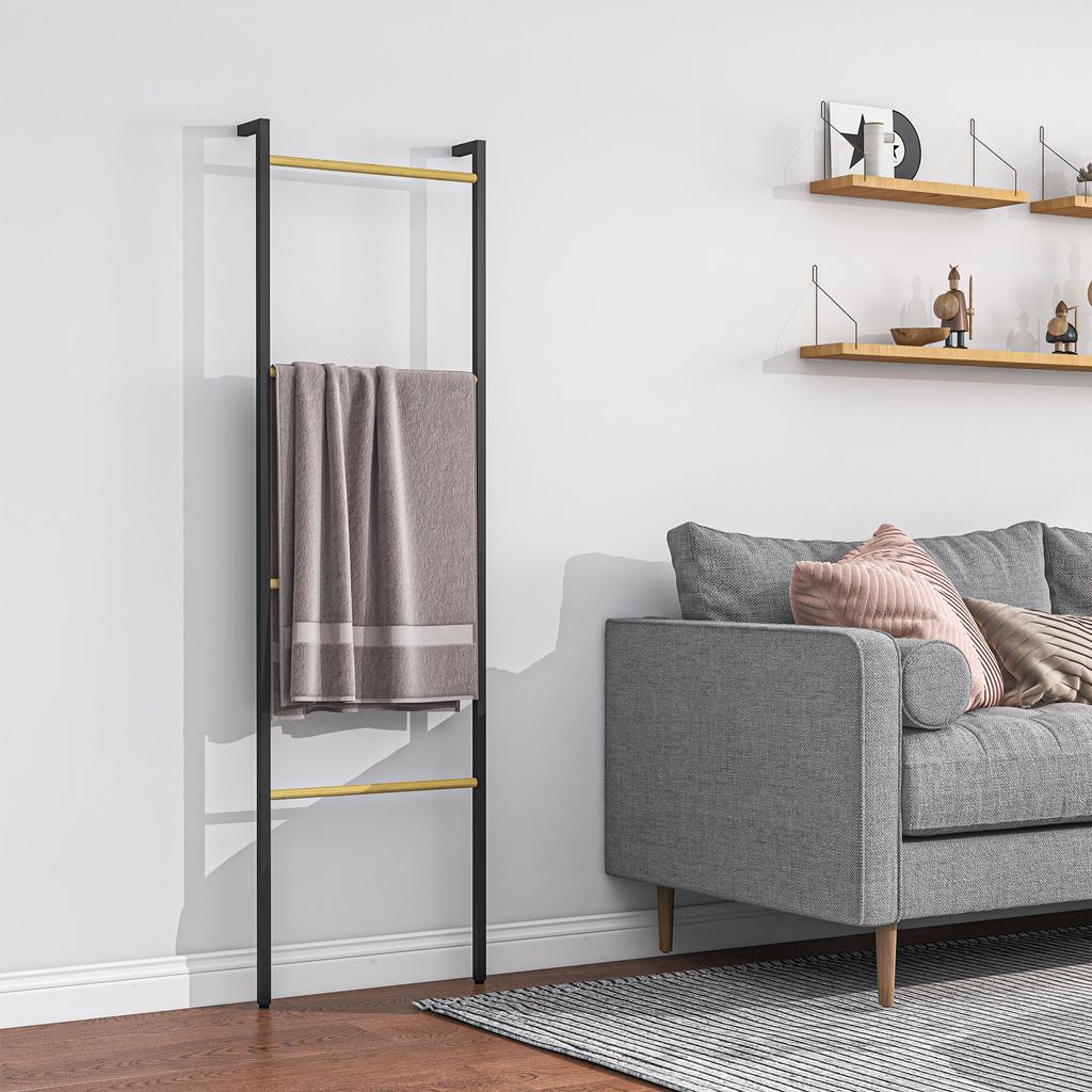 Towel Rail, Freestanding, 4 Bars, 49x5.5x167.5cm, Black/Natural Wood