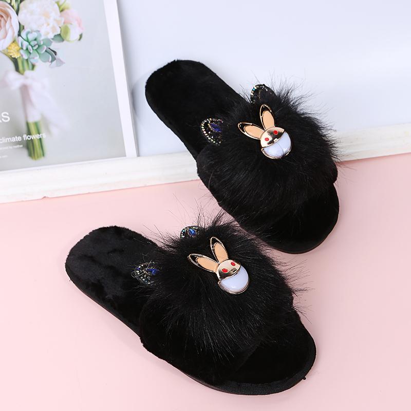 Fashion Cute Cartoon Animal Fur Slippers Women Open Toe Lightweight Plush Slippers Woman Winter Indoor Faux Fur Cotton Slides Ladies