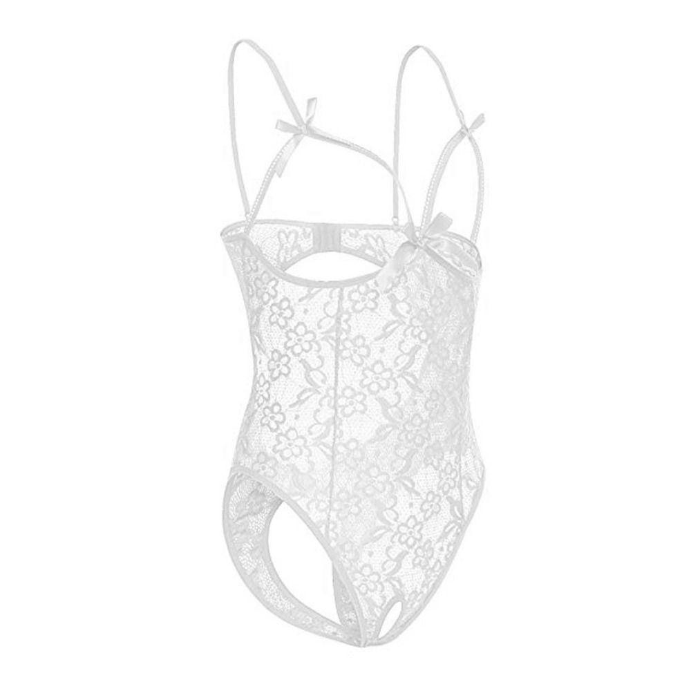 Open Crotch Women Underwear Deep V Lace Sling Nightwear Sweet Lace Bow Bodysuit  Home