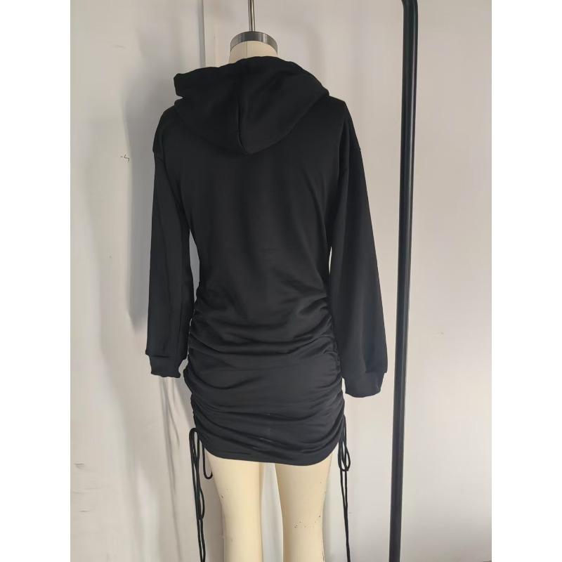 Women Fashion Side Drawstring Pleated Hooded Long Sleeve Sweatshirt Dress