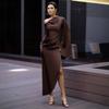 European Beautiful Women Spring New Slant Shoulder Long Sleeve Dress Hip Temperament Split Fork Dress