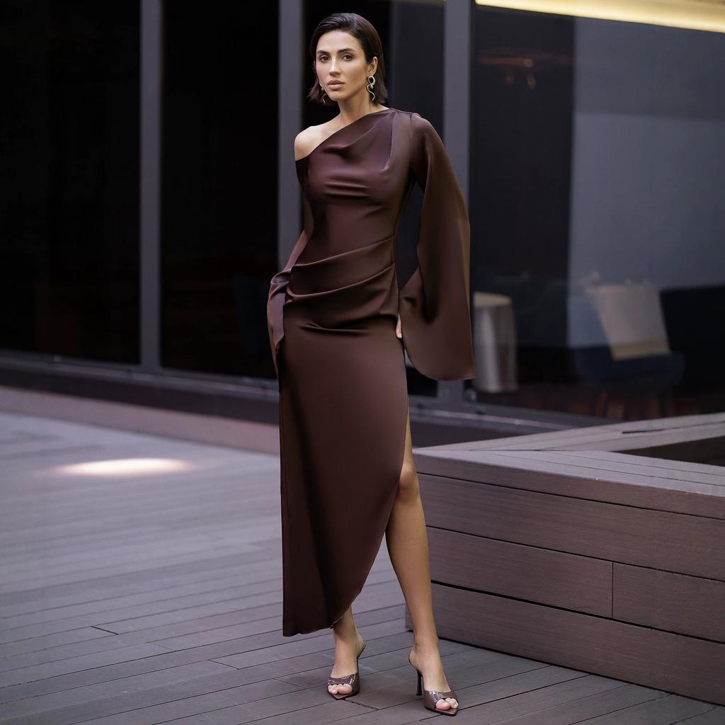 European Beautiful Women Spring New Slant Shoulder Long Sleeve Dress Hip Temperament Split Fork Dress
