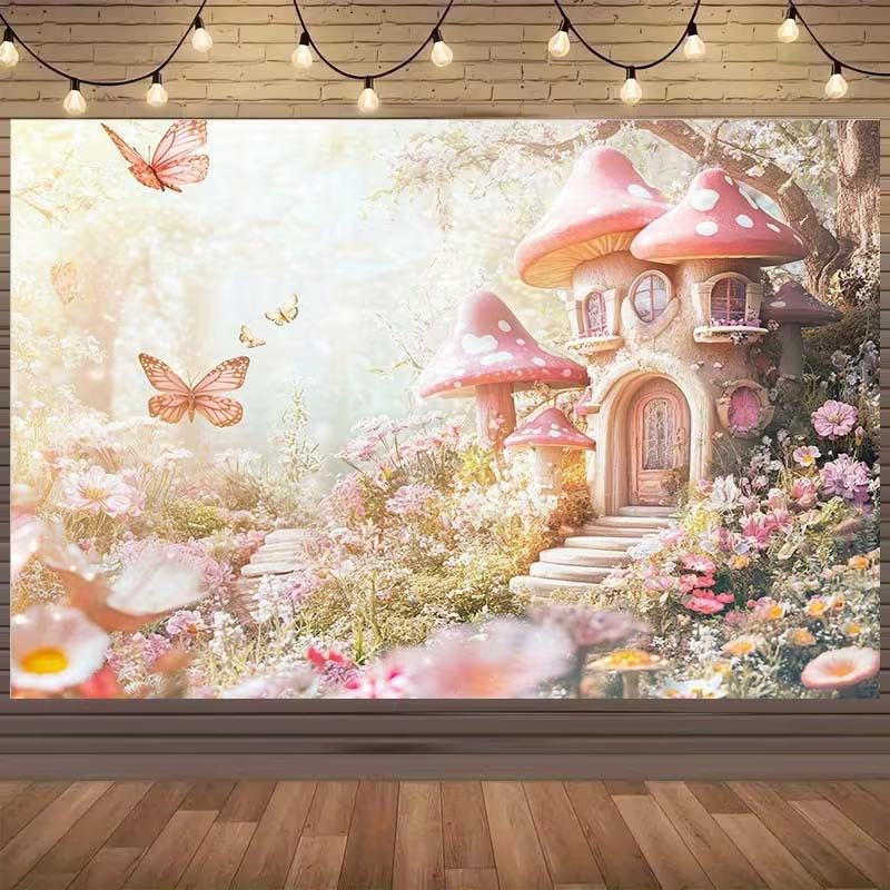 2D Fantasy Mushroom Home Tapestry, Soft Pink Floral Fairy Tale Background for Home Decor