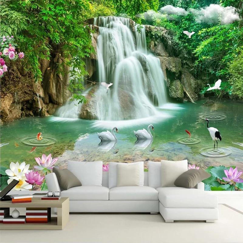 Waterfall Wallpaper River White Swan Photo Mural Green Tree Nature Pastoral Landscape Mural Wallpaper For Walls 3d