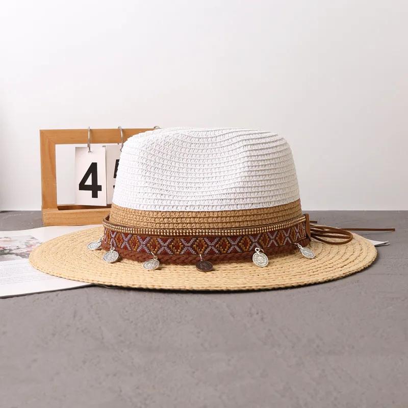 New Summer Beach Raffia Spliced Ethnic Style Woven Tape Sunshade Straw Hat Womens Wide Brim Jazz Holiday Uv Protection Sun Hats