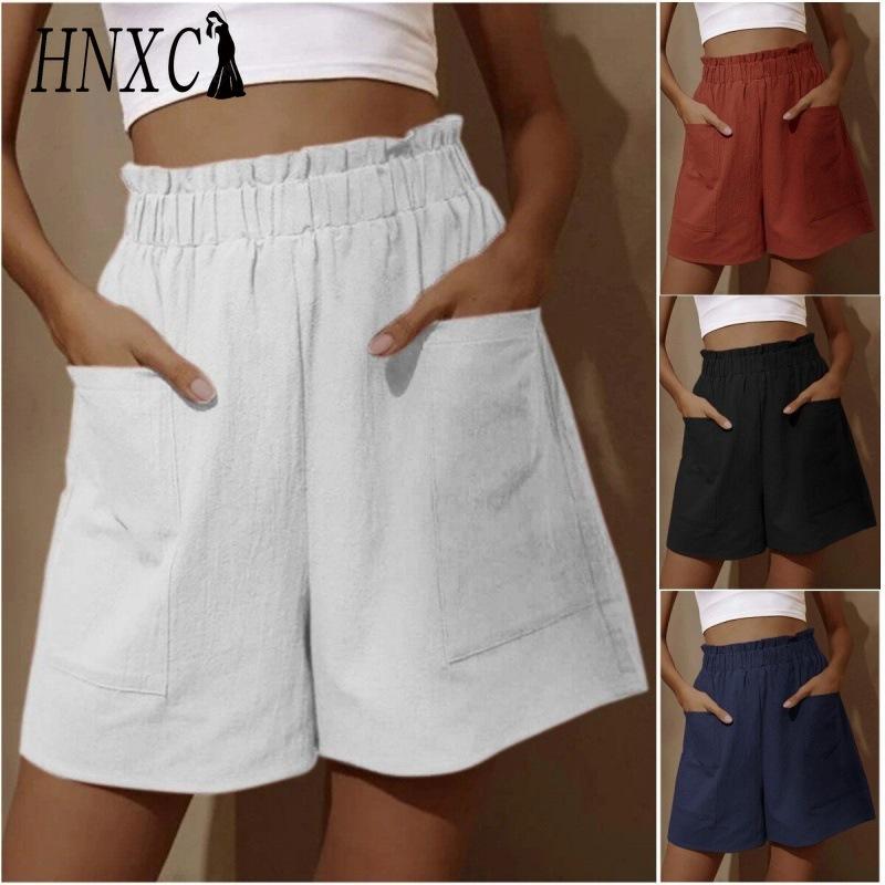 HNXC Women's Cotton and Linen Flower Bud High-waisted Shorts, Fashionable Large-sized Wide-leg Casual Short Style