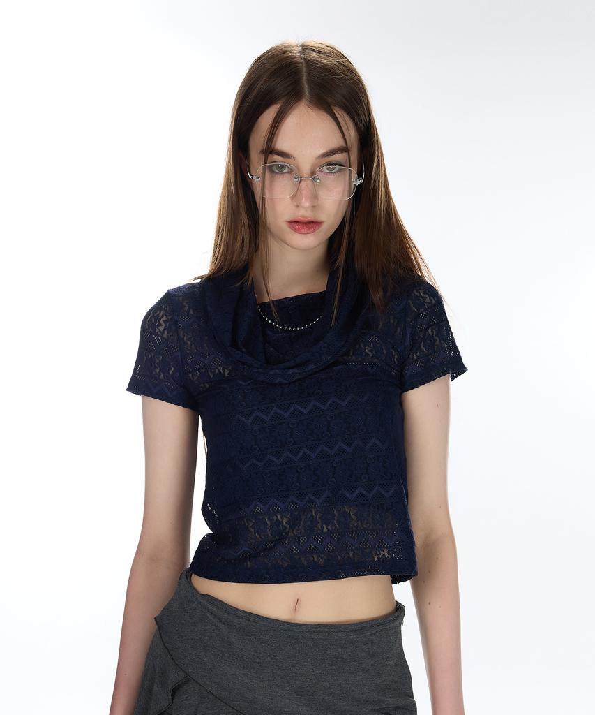 LARTIGENT L12 Cowl Lace T-Shirt(Navy)