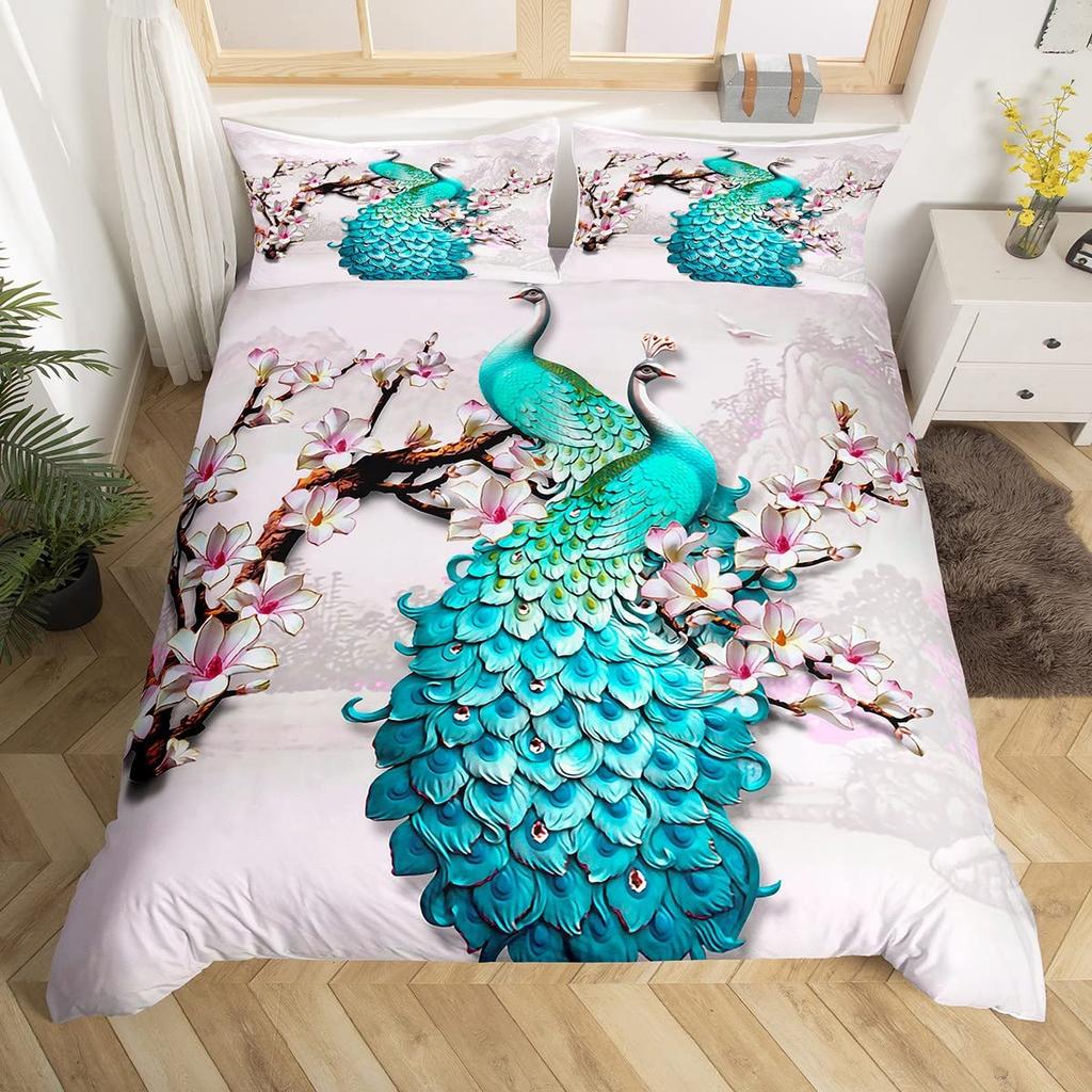 Peacock Duvet Cover Set Simple Peacock Feathers Pattern Queen Comforter Cover Girls Women 3 Piece Bedding Sets Bedroom Decor
