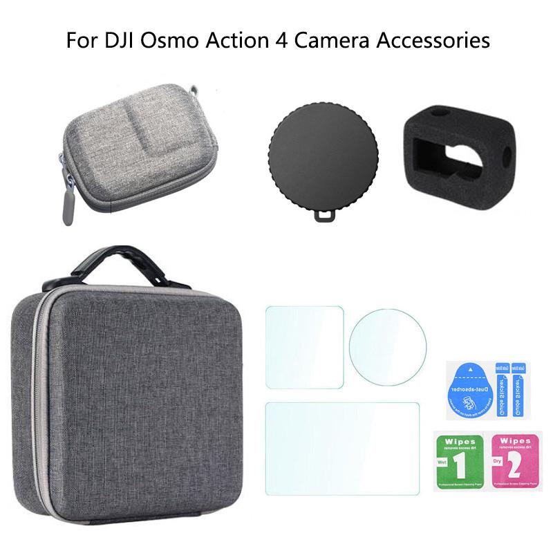 For DJI Osmo Action 4 Extended Bundle Handle+Travel Carrying Bag+9H Tempered Glass Film+Len Case+Windslayer Cover Accessories