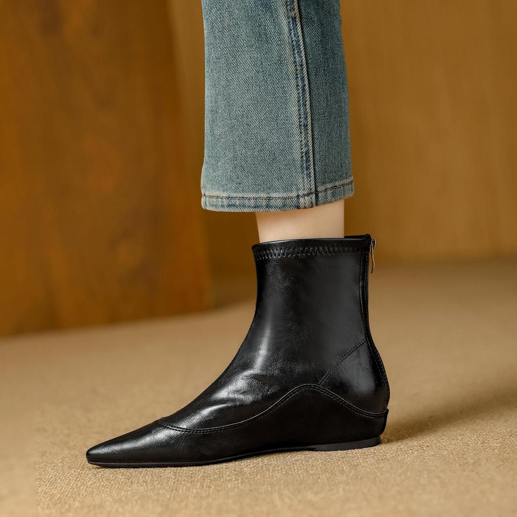 French Stretch Slimming Boots: Autumn/Winter Fleece-lined, Retro Style, Soft Leather, Inner Height Increase, Back Zipper Short Boots