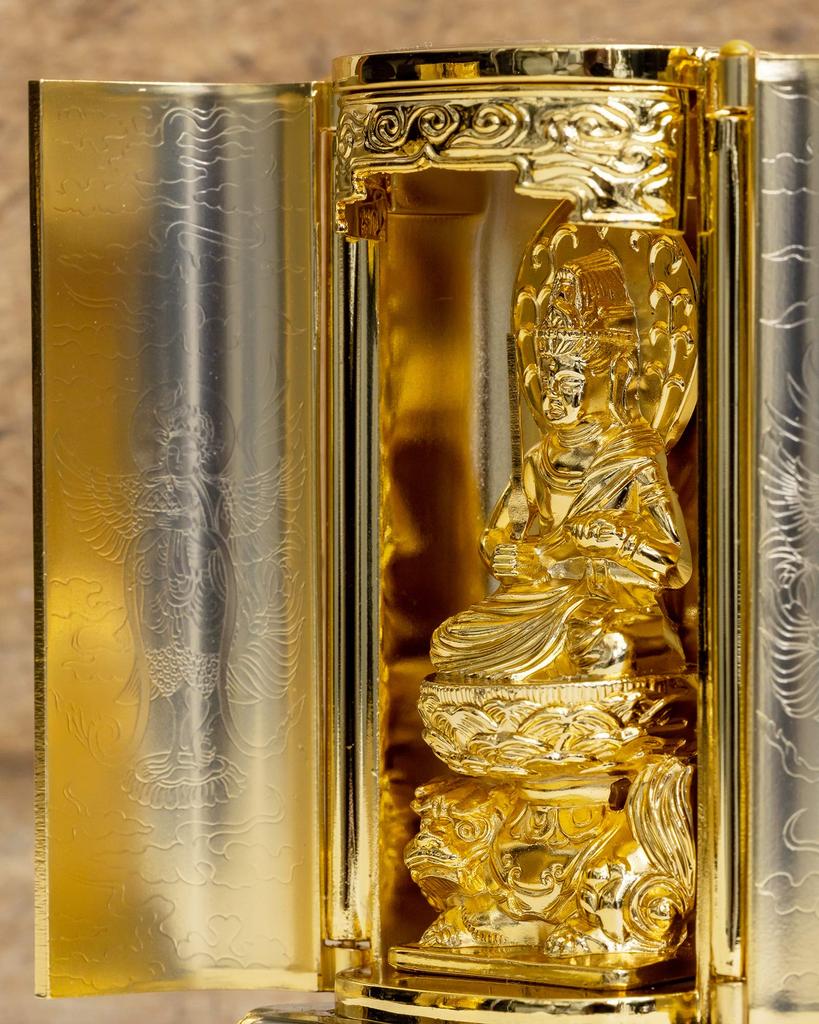 Buddhist Statue of Manjusri Bodhisattva In a Shrine by Sculptor Keishu Original Model In the Year of the Zodiac Guardian Takaoka Bronzeware (gold