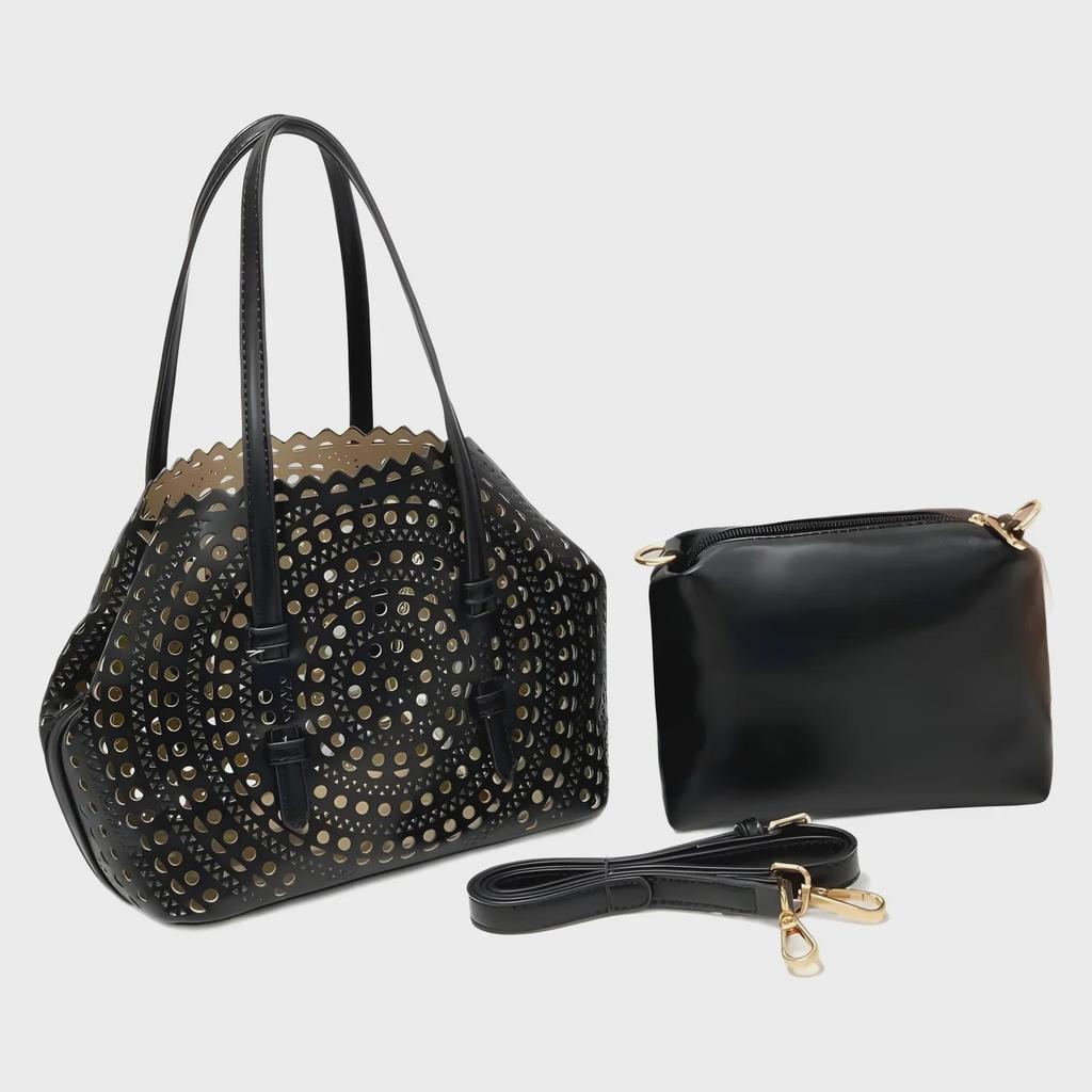 Cross-Border Carved Leather Handbag Set: Tote, Cosmetic Bag & Coin Purse