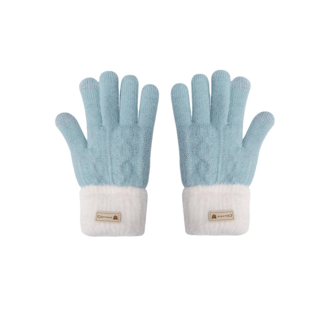 Jintai Korean Version of Winter Thickened Color Blocking Gloves Warm Plush Double Layer Touch Screen Split Knitted Female Cycling Student