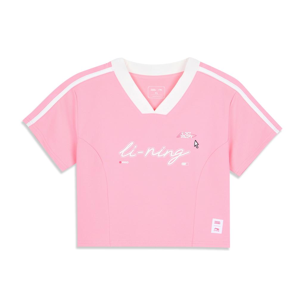 Li Ning X League Of Legends Collaboration Comfortable Casual Simple Letter Print V-Neck Pullover Short Sleeve T-Shirt Women T-Shirts AHSV638-1