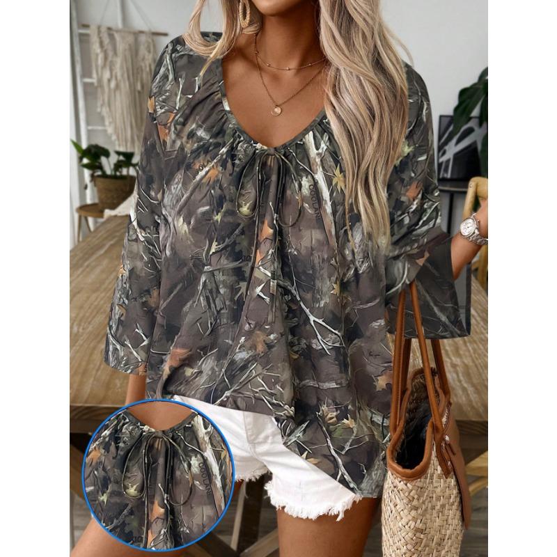 

Весенне-летняя мода V-образный вырез плиссированный пуловер топ с леопардовым принтом рукав три четверти женские блузки и рубашки XXL