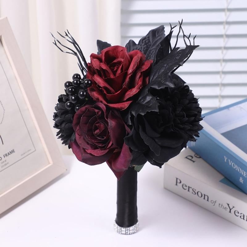 Artificial Flowers Bridal Bouquet Gothic Wedding Bouquet Red/Purple and Black Wedding Flower Bouquet for Bridesmaids