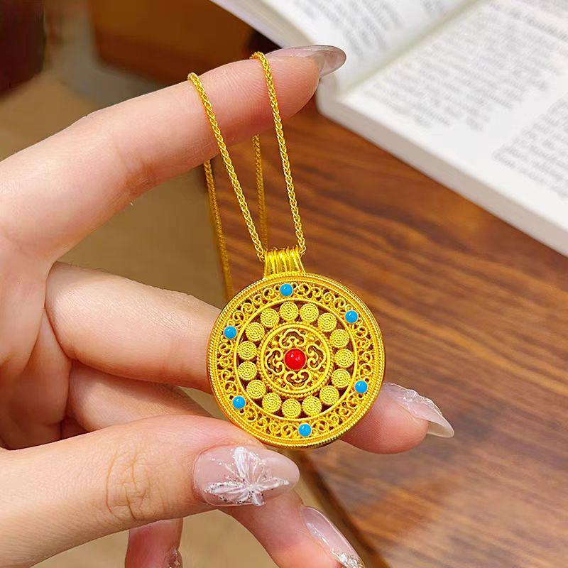 Wei Xue Eight Treasures Sand Gold Enamel Filigree Pendant Sweater Chain