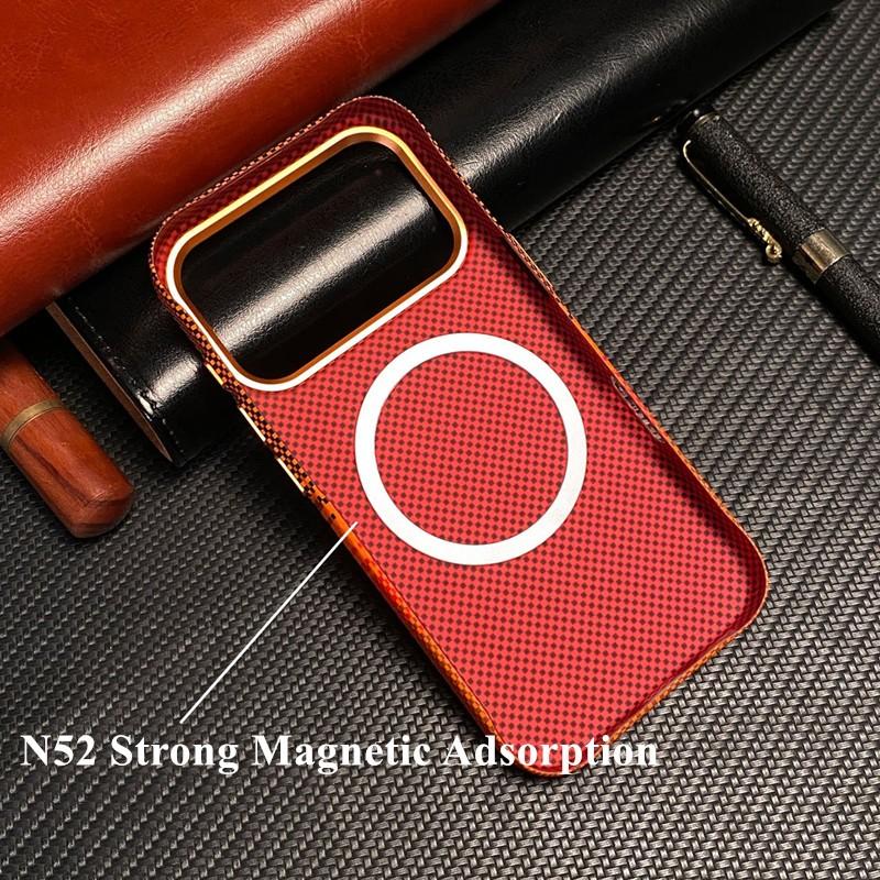 Orange Carbon Fiber Leather Strong Magnetic Case For iPhone 14 15 16 17 Pro Max Air Metal Buttons Camera Protection Hard Cover