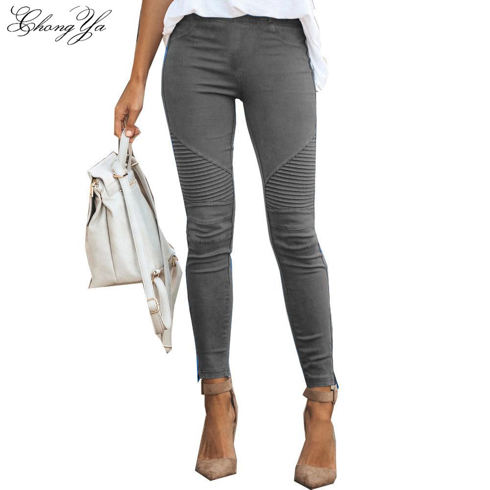 Damen Jeans Mode Rüschen Elastisch Einfarbig Stretch Skinny Bleistifthose Freizeithose