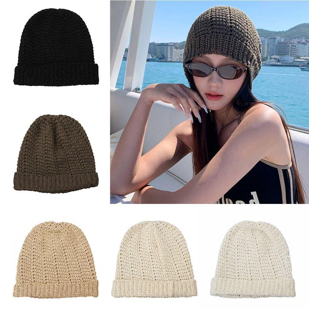 Fashionable Hollow Beanie Breathable Multicolor Knitting Cap Foldable Soft Comfortable Stacked Hat Girl