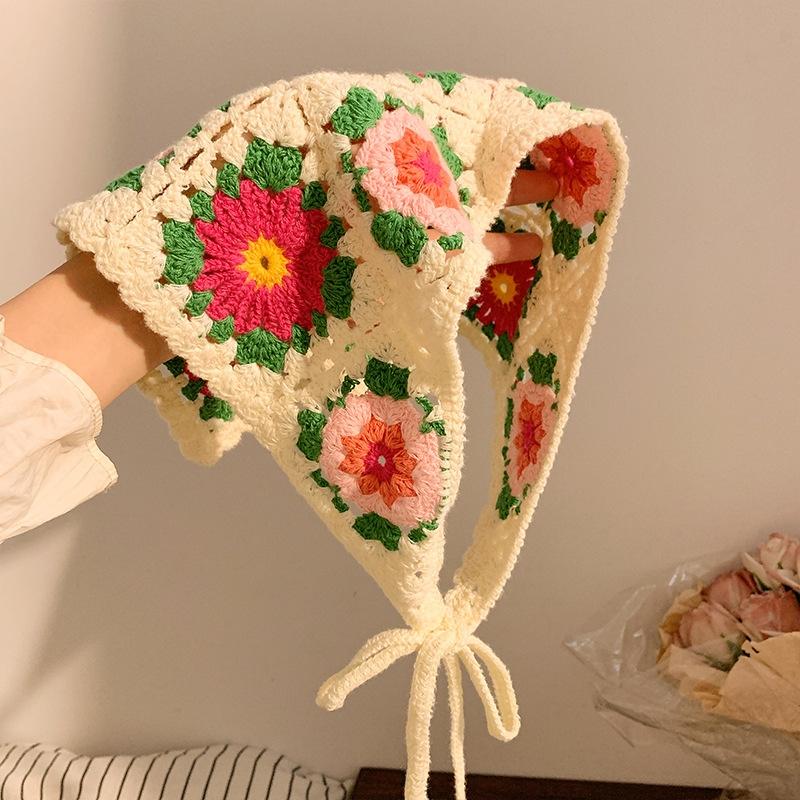 

Korean Sweet Cute Handmade Crochet Hollow Triangle Headband Towel For Women Girls Flower Headscarf Hair Accessories Big flower