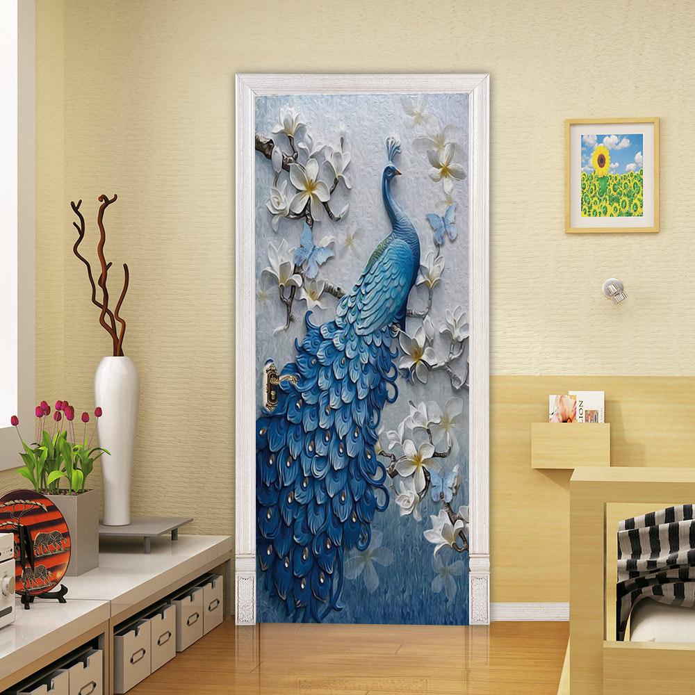 Beautiful Peacock Door Sticker Self Adhesive Wallpaper 3D DIY Renovation Waterproof Poster Bedroom