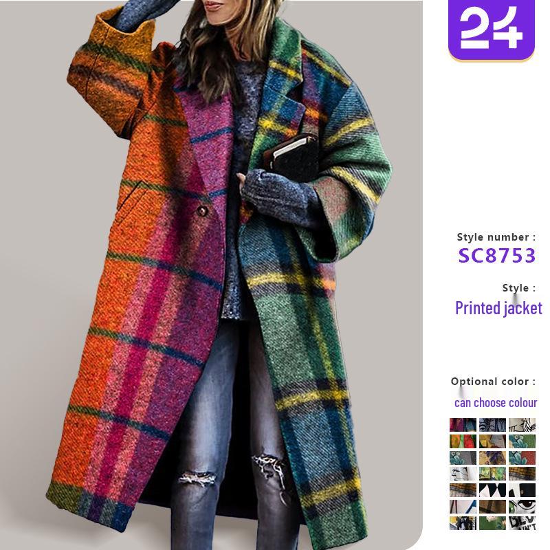 Dámský evropský a americký podzimní vlněný kabát s dlouhým rukávem a klopami s potiskem