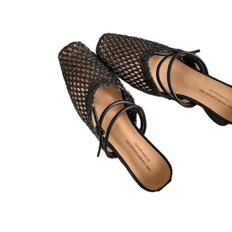 French woven hollow bag head sandals women's summer wear low heel word with Mary Jane Muller shoes empty half slippers