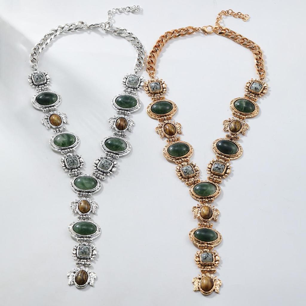 2024 Retro Style Natural Stone Look Ladies Sweater Chain Necklace