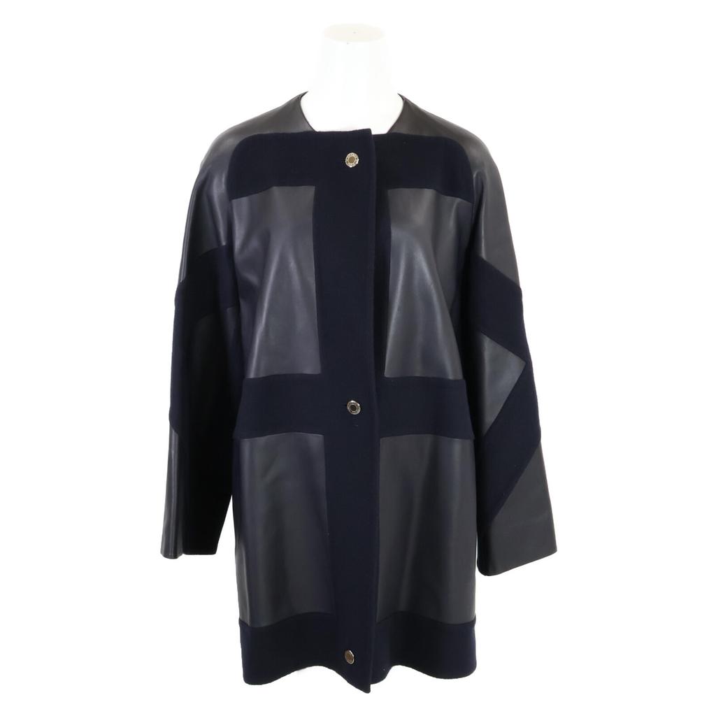 HERMES Beautiful item, genuine Japanese made, 16AW cashmere x lamb leather, serie button collarless jacket coat 34 Dark navy x blackUsed