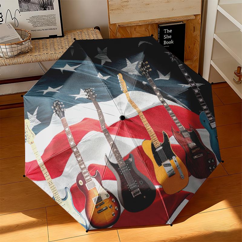1pc American flag, baseball, and guitar Umbrella Portable Folding Umbrella Iron Frame Hole Bone Structure Outdoor Home Umbrella