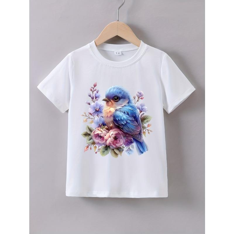 Kids Summer Short-Sleeve T-Shirt with A  Floral and Bird  Print 110