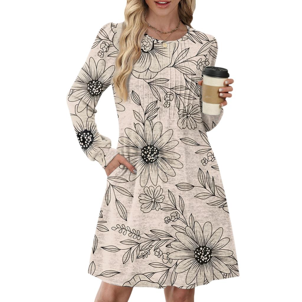 Women's Long Sleeve Pleated Round Neck Floral Print Casual Dress With Pockets