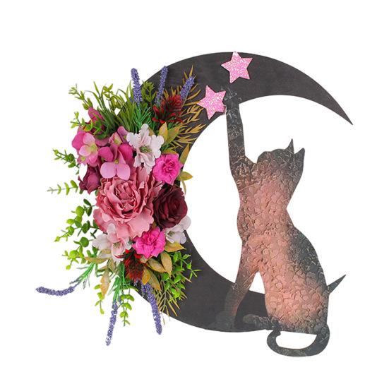 Halloween Moon Cat Wreath for Front Door Crescent Moon Wreath Sign with Artificial Rose Flowers for Gothic Home Decoration