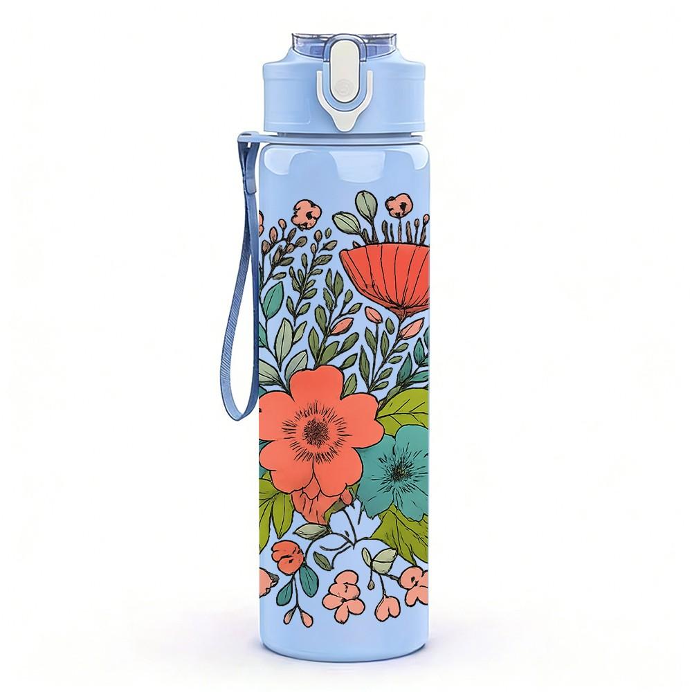 1PC Colorful Floral Bouquet Art 750ml Color Plastic Sports Water Bottle Leakproof Flip Straw Lid Suitable for Sports Office Home Use
