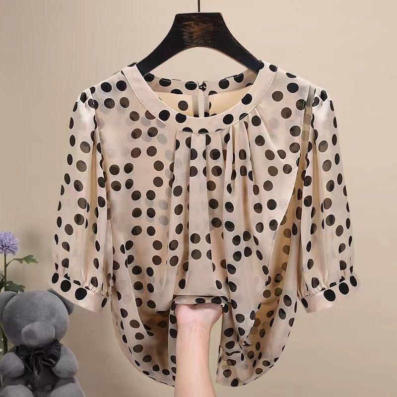 Letní Nová Dámská Šifonová Košile s Květinovým Potiskem Zeštíhlující Kulatý Výstřih Krátký Rukáv Spodní Top M-4XL