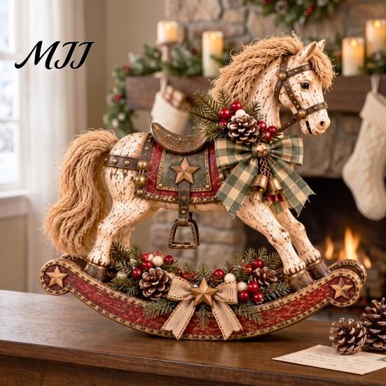 Resin Horse Figurine for Christmas Retro Rocking Ornament with Pine Cones Berries Holiday Tabletop Rustic Ornaments Home Decoration, Vintage Farmhouse