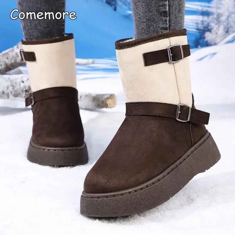 Fashion Casual Belt Buckle Decoration Snow Boots Women 2025 Winter Fashion Mix Color Suede Ankle Boots Warm Short Plush Non Slip Booties