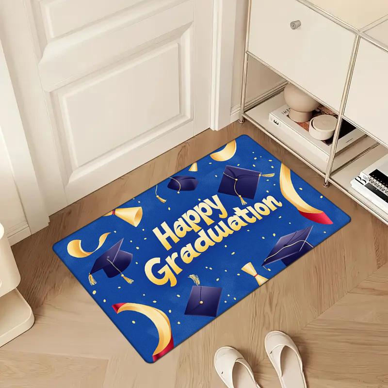 1pc Graduation Celebration Doormat - 0.47inch Thick Flannel Non-Slip Machine Washable Floor Mat with Blue Happy Graduation Desig