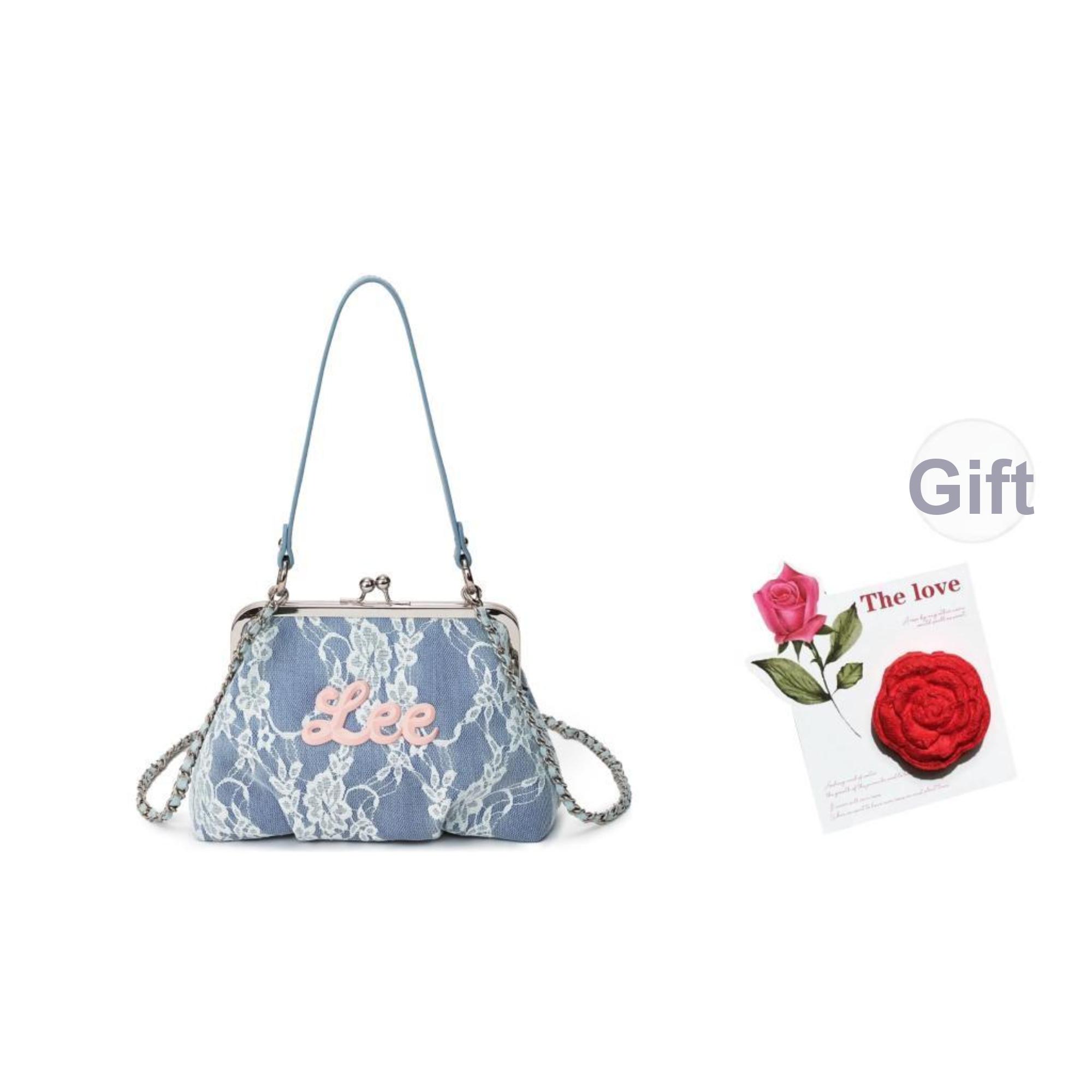 

New Lee Fabric One Shoulder Handbag, Crossbody Bag Regular Women s Blue White Lace LE250032M-915 23.1*8.9*16.5CM