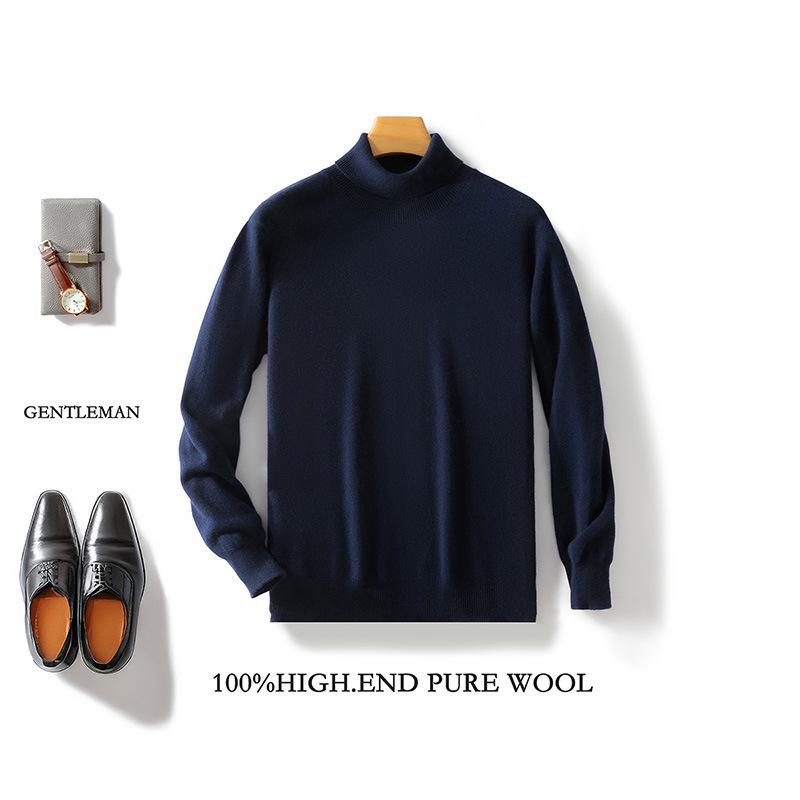 Men s High-Neck 100% Wool Knit Sweater: Velvet, Solid Color, Warm, Quality Autumn/Winter Base Layer S
