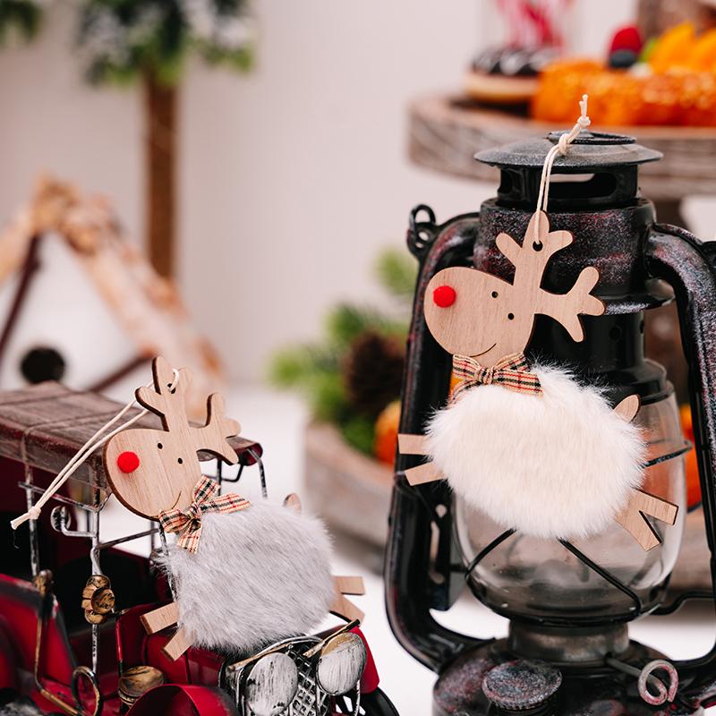 1PC Cute Christmas Tree Decor Xmas New Year Xmas Party Decor Wooden Plush Deer Pendant
