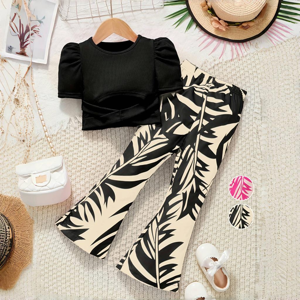 3-10 Years Girls Summer Suit Cross-strap Puff Sleeve Short Top Printed Bell Bottoms Two-piece Set