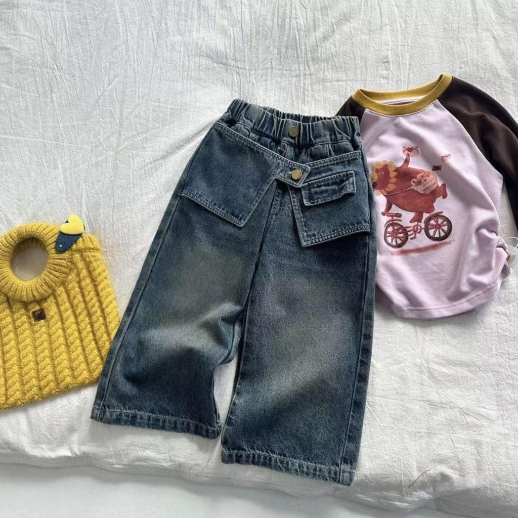Korean-Style Children's Woolen Wide Leg Jeans with Butt Flap - Autumn 2025