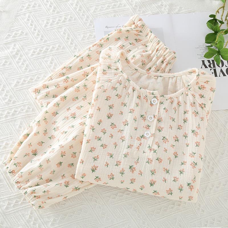 Dámské pyžamo z čisté bavlny Dámské kalhoty s dlouhým rukávem, kulatým výstřihem, volné domácí oblečení, malý potisk, bavlna, sada na spaní