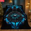 Viking Valhalla Raven Shield Flannel Throw Blanket Nordic Rune Axe Blue Smoke Print Warm Gift Blanket
